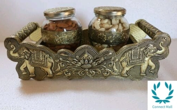 VNS Tray and Jar setTray wooden . 2 Bowl Glass,Gold )